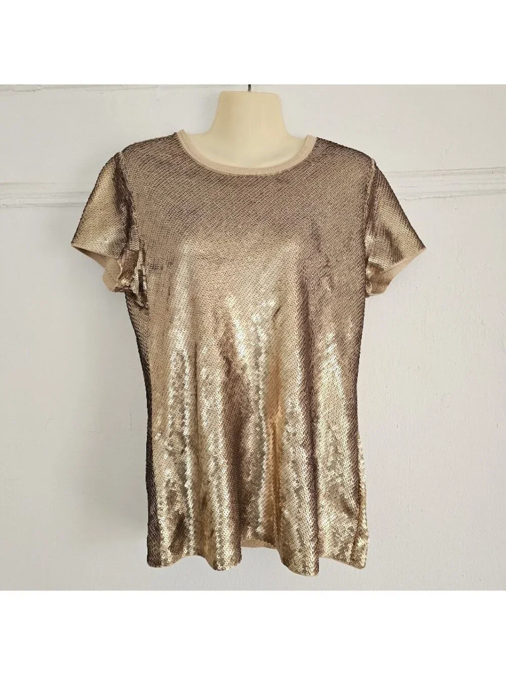 MICHAEL MICHAEL KORS Women's Crew Sequin T-Shirt, Golden, Large, Top Blouse